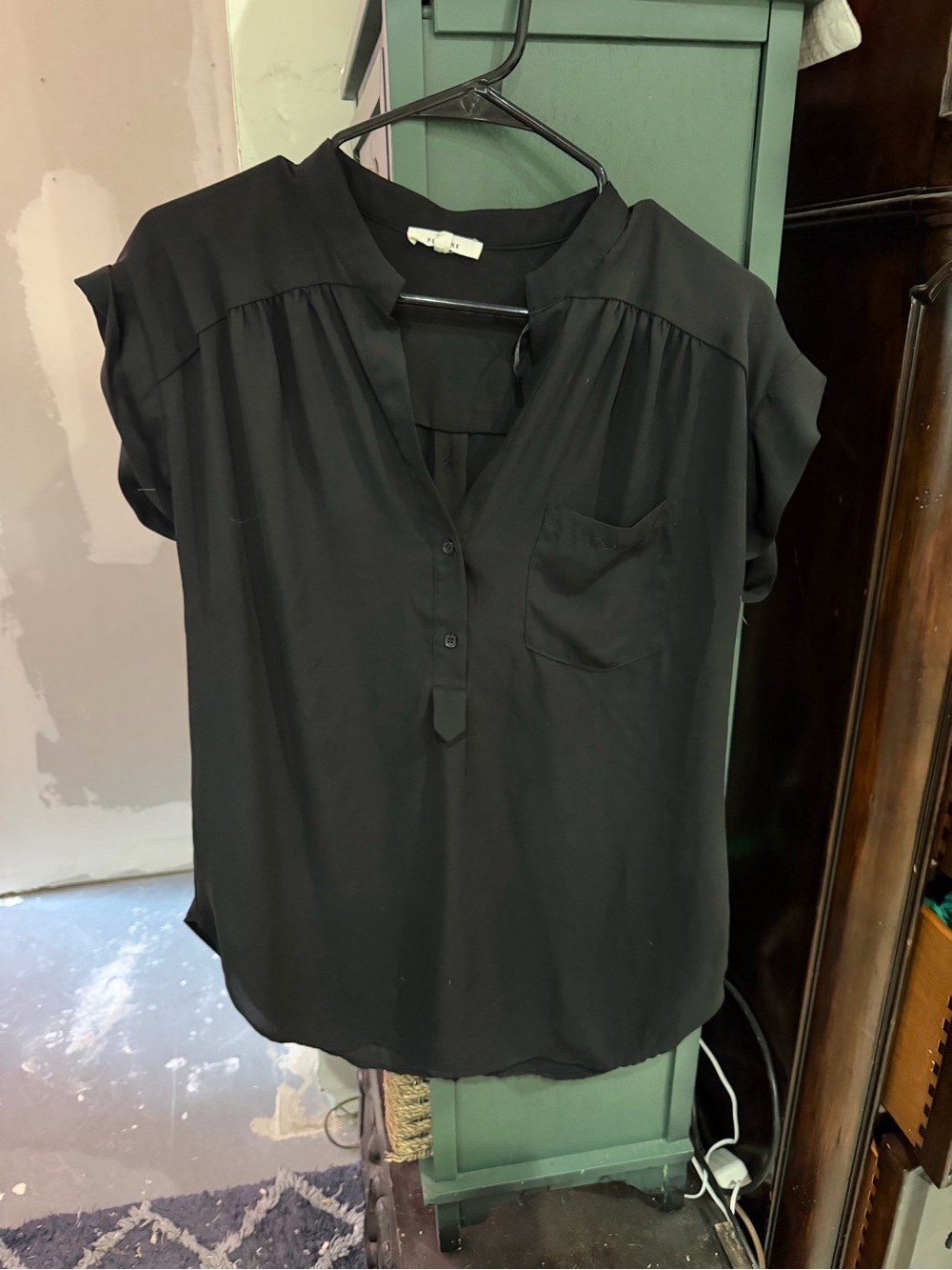Pleione Black Short Sleeve V-Neck Button Front Blouse
